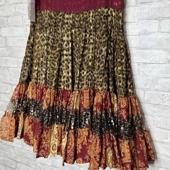 Sandy Starkman Multi-Color Patterned Maxi Skirt Tiered Beaded Shells Size M Boho